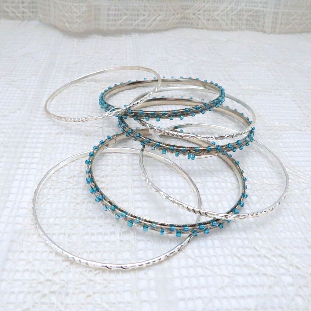Silver Toned Bangle Bracelets Women Thin Set of 7 Boho Style Casual Jewelry